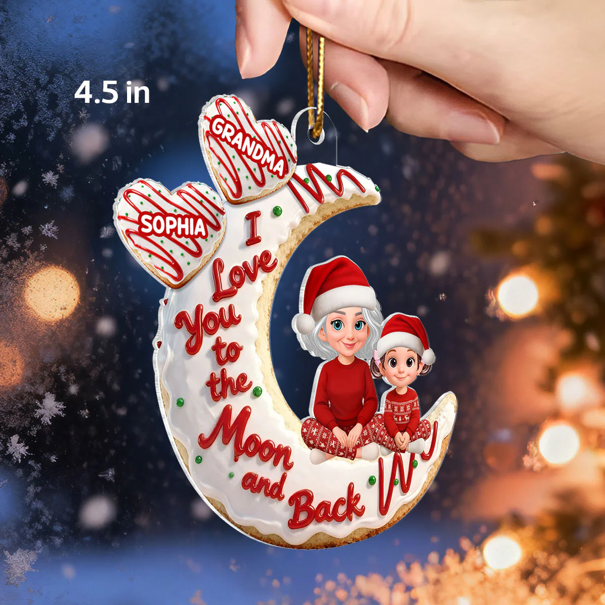 3D Effect Christmas Tree Cake Moon Grandma Grandkid Love You To The Moon And Back - Personalized Acrylic Ornament - Christmas Gift For All Grandkids - Image 2