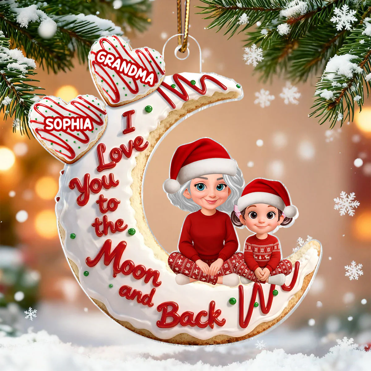 3D Effect Christmas Tree Cake Moon Grandma Grandkid Love You To The Moon And Back - Personalized Acrylic Ornament - Christmas Gift For All Grandkids - Image 4