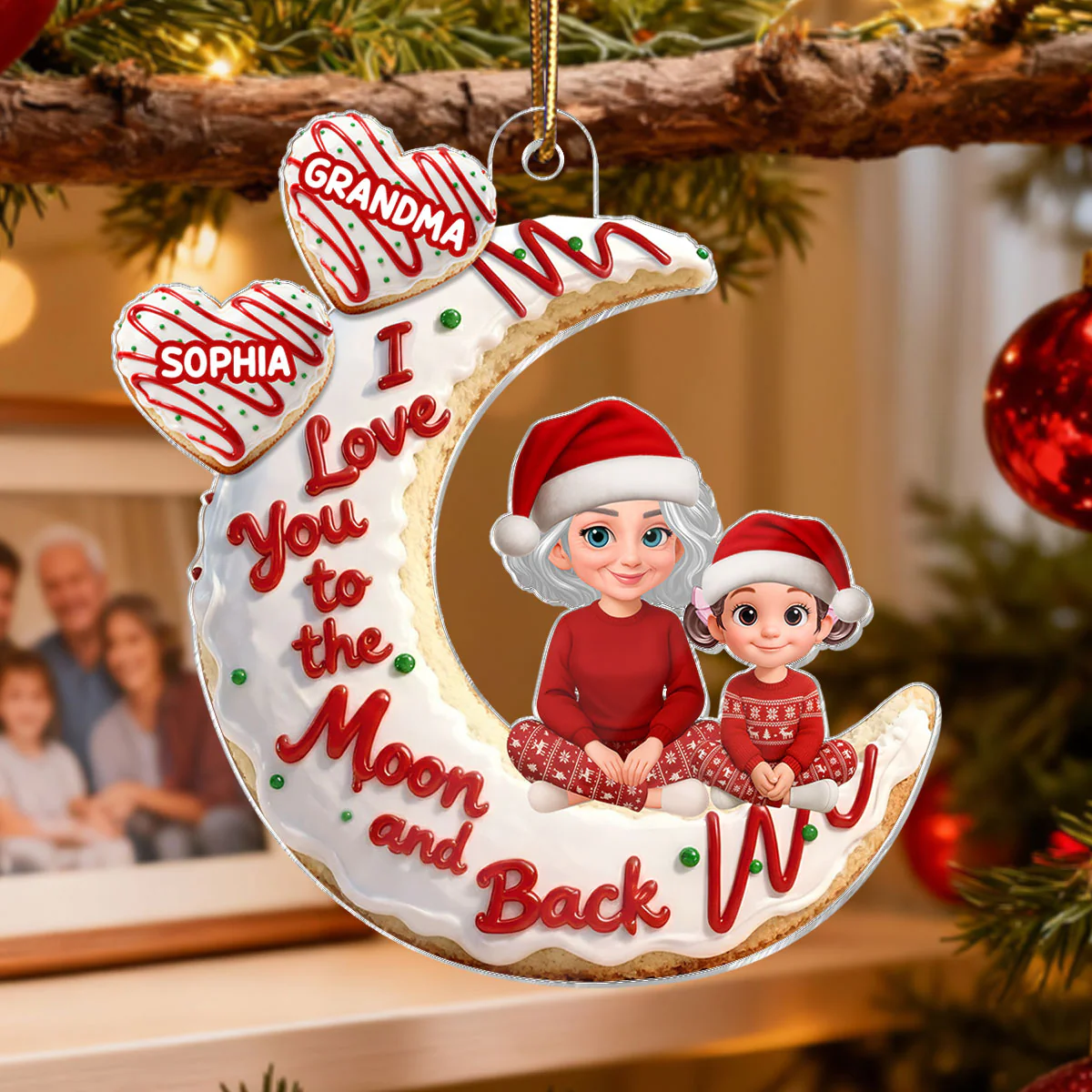 3D Effect Christmas Tree Cake Moon Grandma Grandkid Love You To The Moon And Back - Personalized Acrylic Ornament - Christmas Gift For All Grandkids - Image 6
