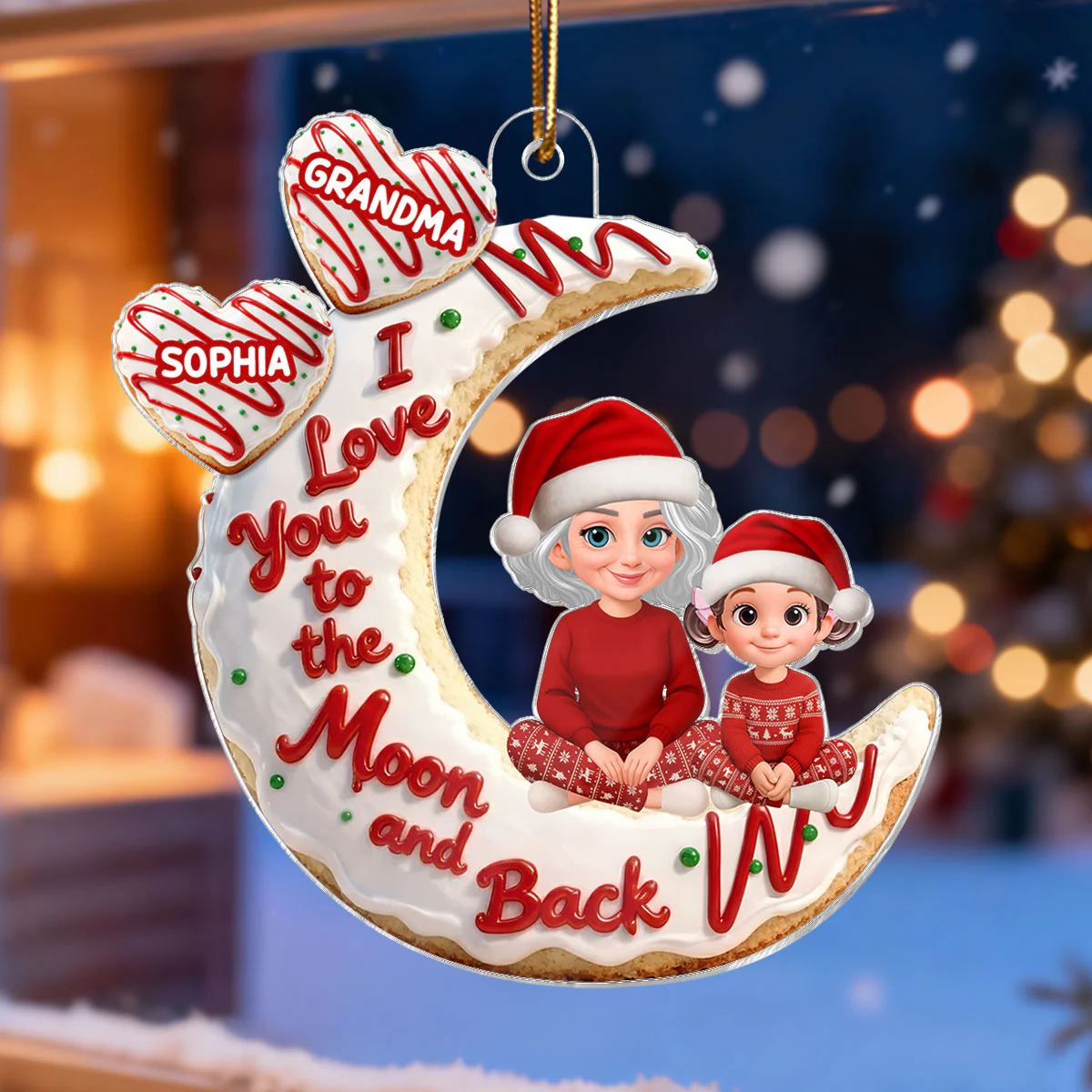3D Effect Christmas Tree Cake Moon Grandma Grandkid Love You To The Moon And Back - Personalized Acrylic Ornament - Christmas Gift For All Grandkids - Image 7