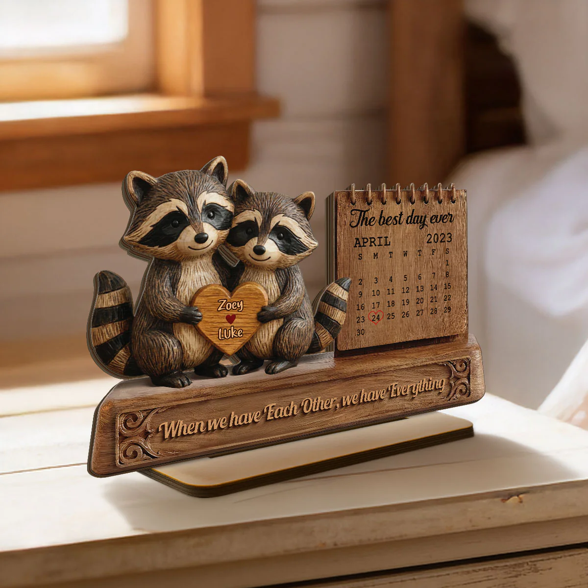 3D Effect Couple Animals Gnome Anniversary Date Calendar - Personalized 2-Layered Wooden Plaque - Image 3