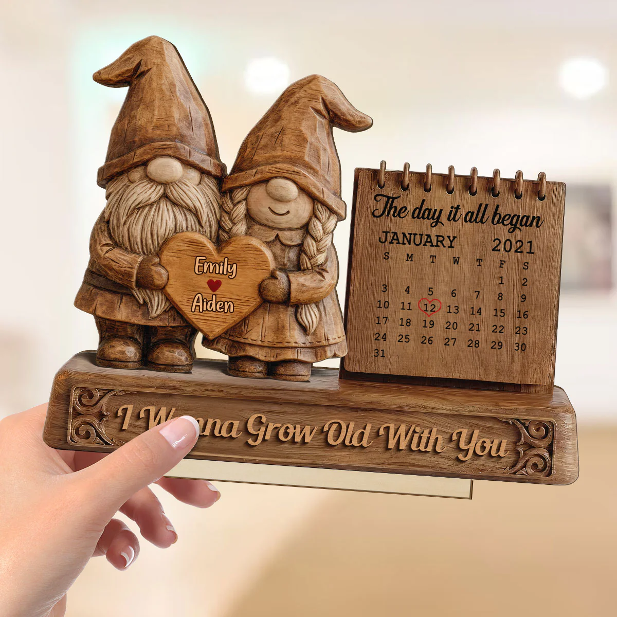 3D Effect Couple Animals Gnome Anniversary Date Calendar - Personalized 2-Layered Wooden Plaque - Image 4