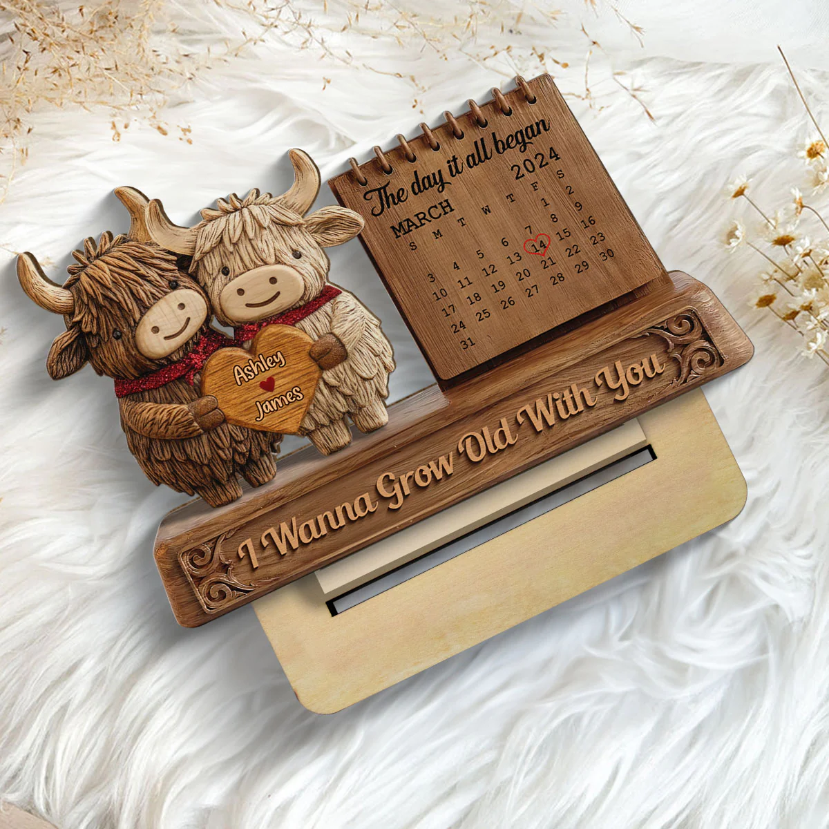 3D Effect Couple Animals Gnome Anniversary Date Calendar - Personalized 2-Layered Wooden Plaque - Image 5