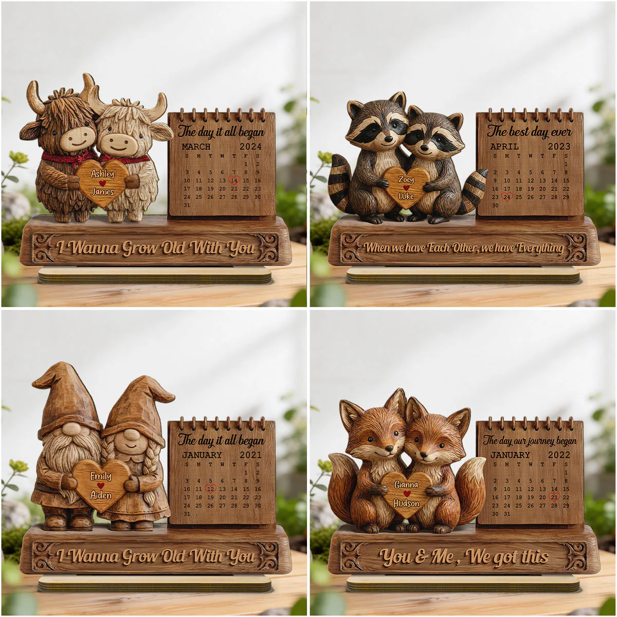 3D Effect Couple Animals Gnome Anniversary Date Calendar - Personalized 2-Layered Wooden Plaque - Image 6