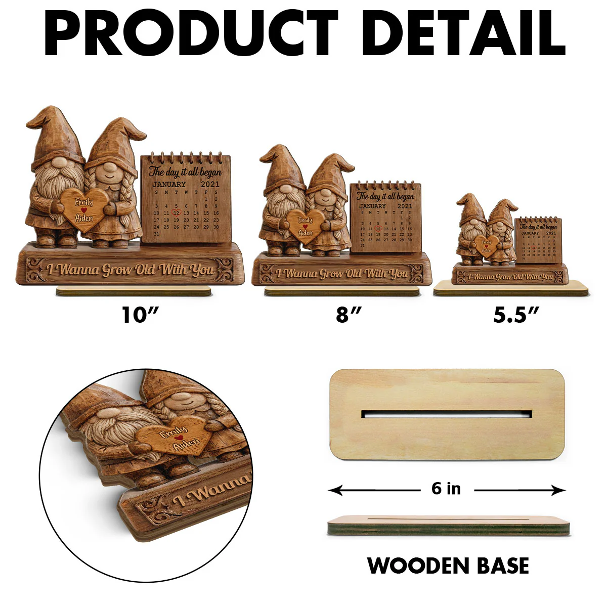 3D Effect Couple Animals Gnome Anniversary Date Calendar - Personalized 2-Layered Wooden Plaque - Image 7