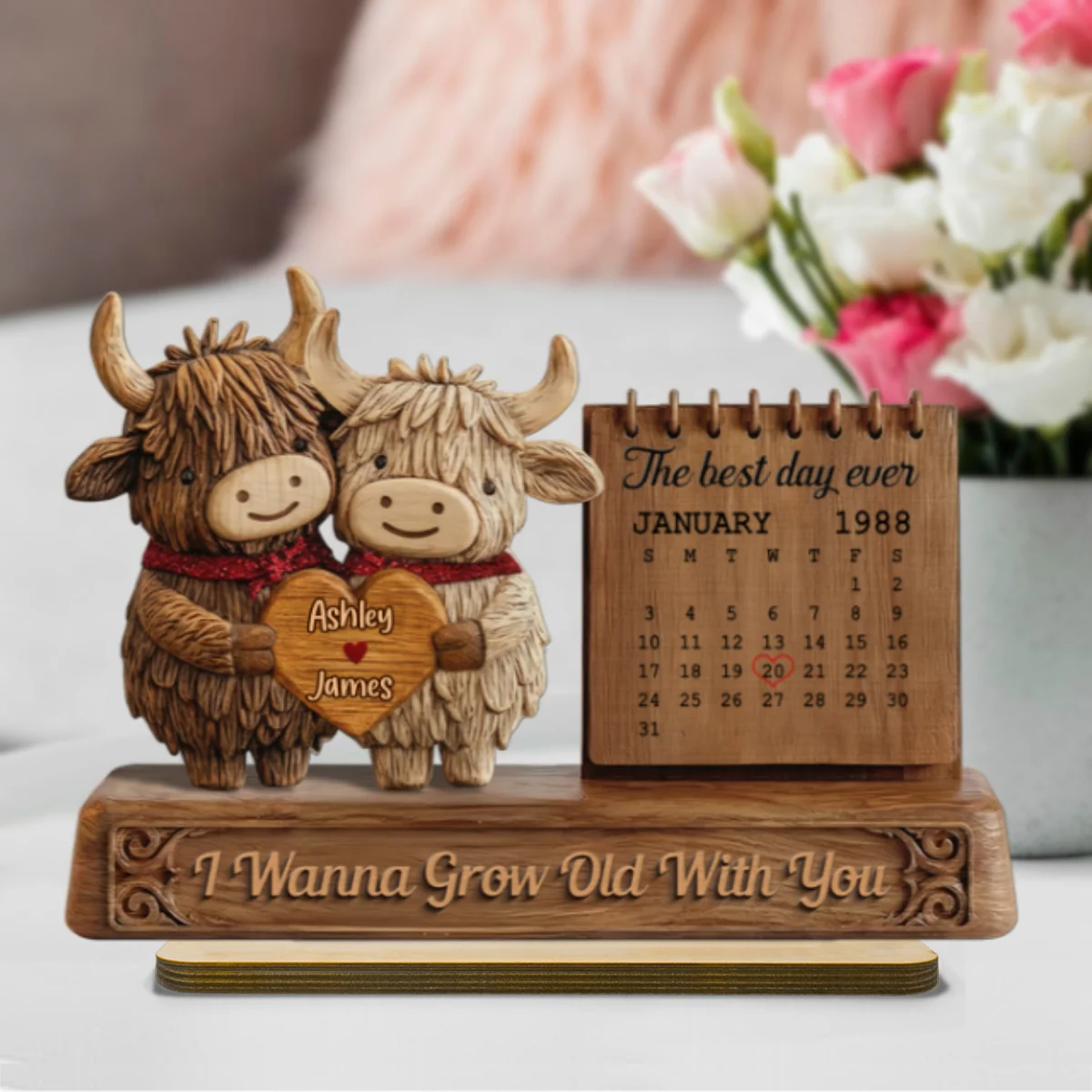 3D Effect Couple Animals Gnome Anniversary Date Calendar - Personalized 2-Layered Wooden Plaque - Image 9