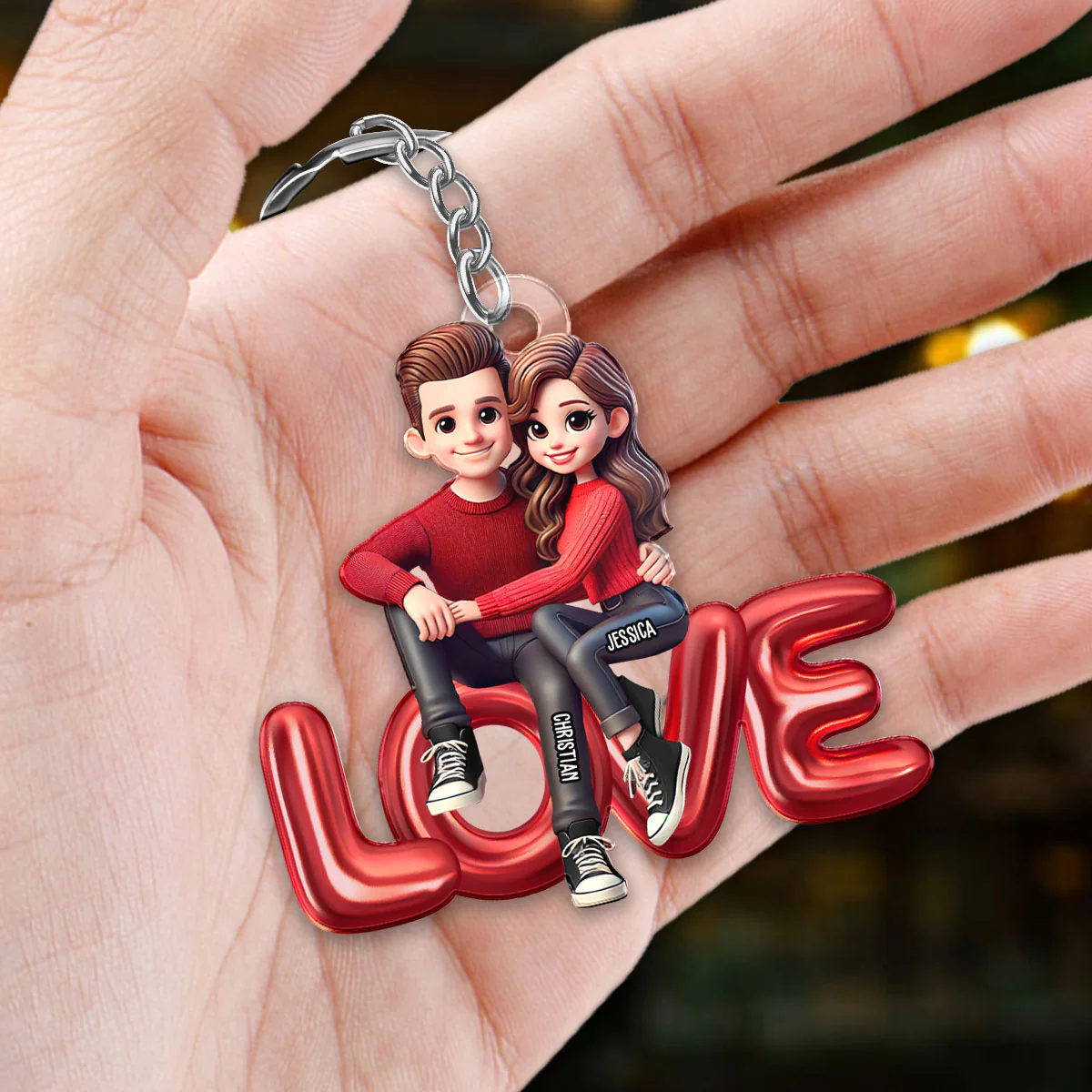 3D Effect Couple Sitting On LOVE Personalized Acrylic Keychain, gift, Anniversary Gift for Couples - Image 3