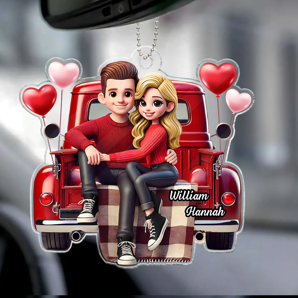 3D Effect Couple Sitting On Red Truck Personalized Acrylic Car Hanger,  Gift, Anniversary Gift For Couples - Image 12