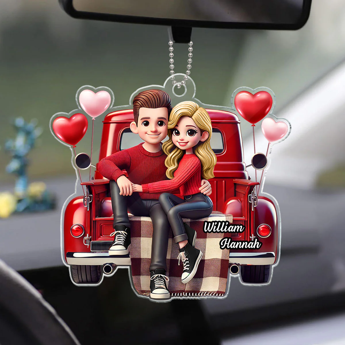 3D Effect Couple Sitting On Red Truck Personalized Acrylic Car Hanger,  Gift, Anniversary Gift For Couples - Image 13