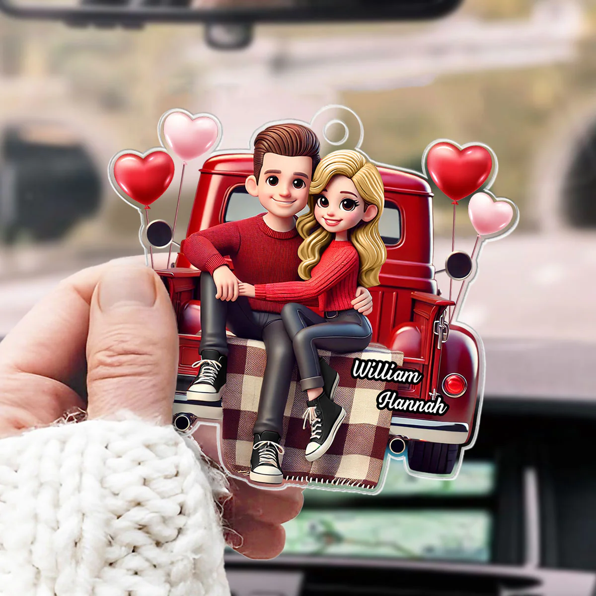 3D Effect Couple Sitting On Red Truck Personalized Acrylic Car Hanger,  Gift, Anniversary Gift For Couples - Image 16
