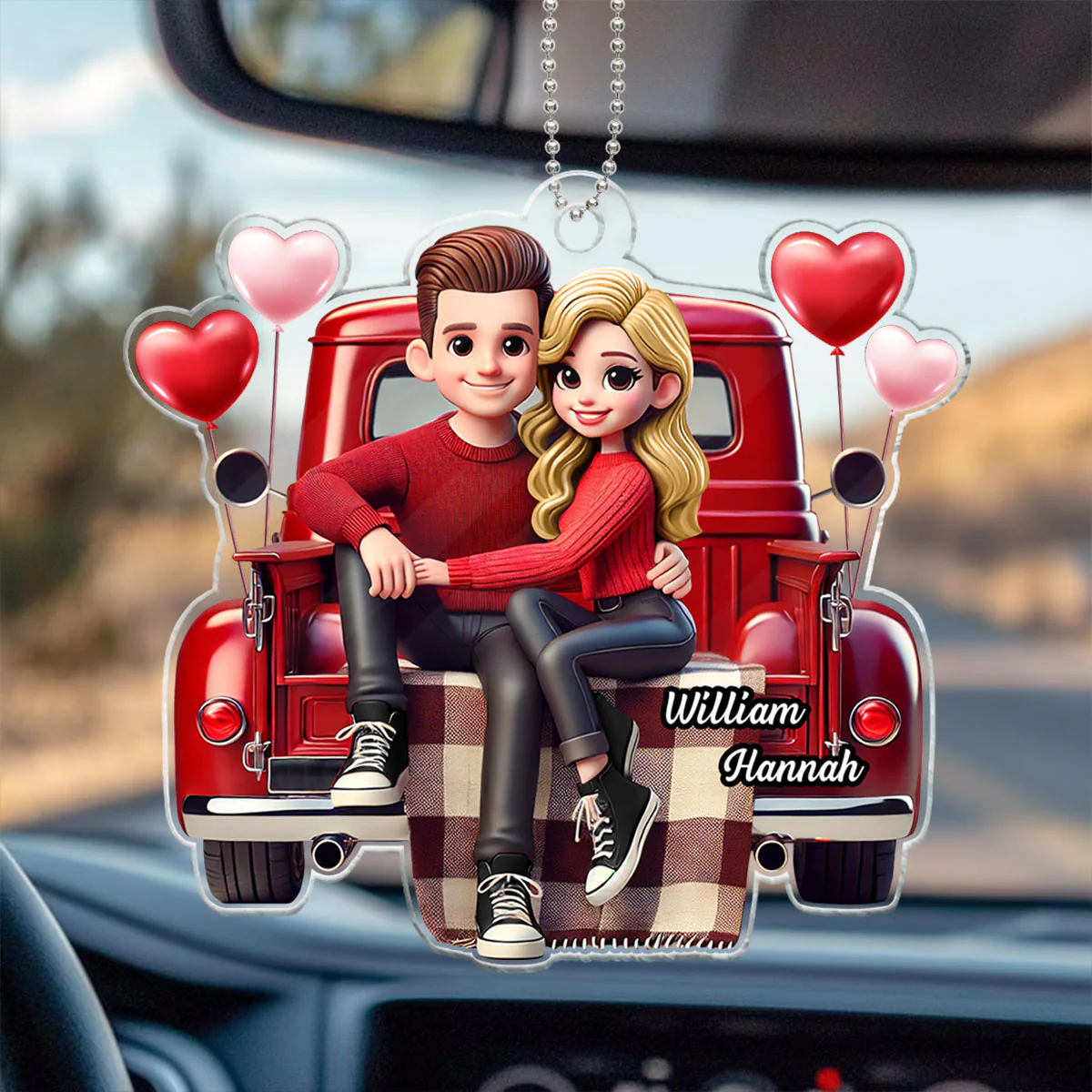 3D Effect Couple Sitting On Red Truck Personalized Acrylic Car Hanger,  Gift, Anniversary Gift For Couples - Image 4