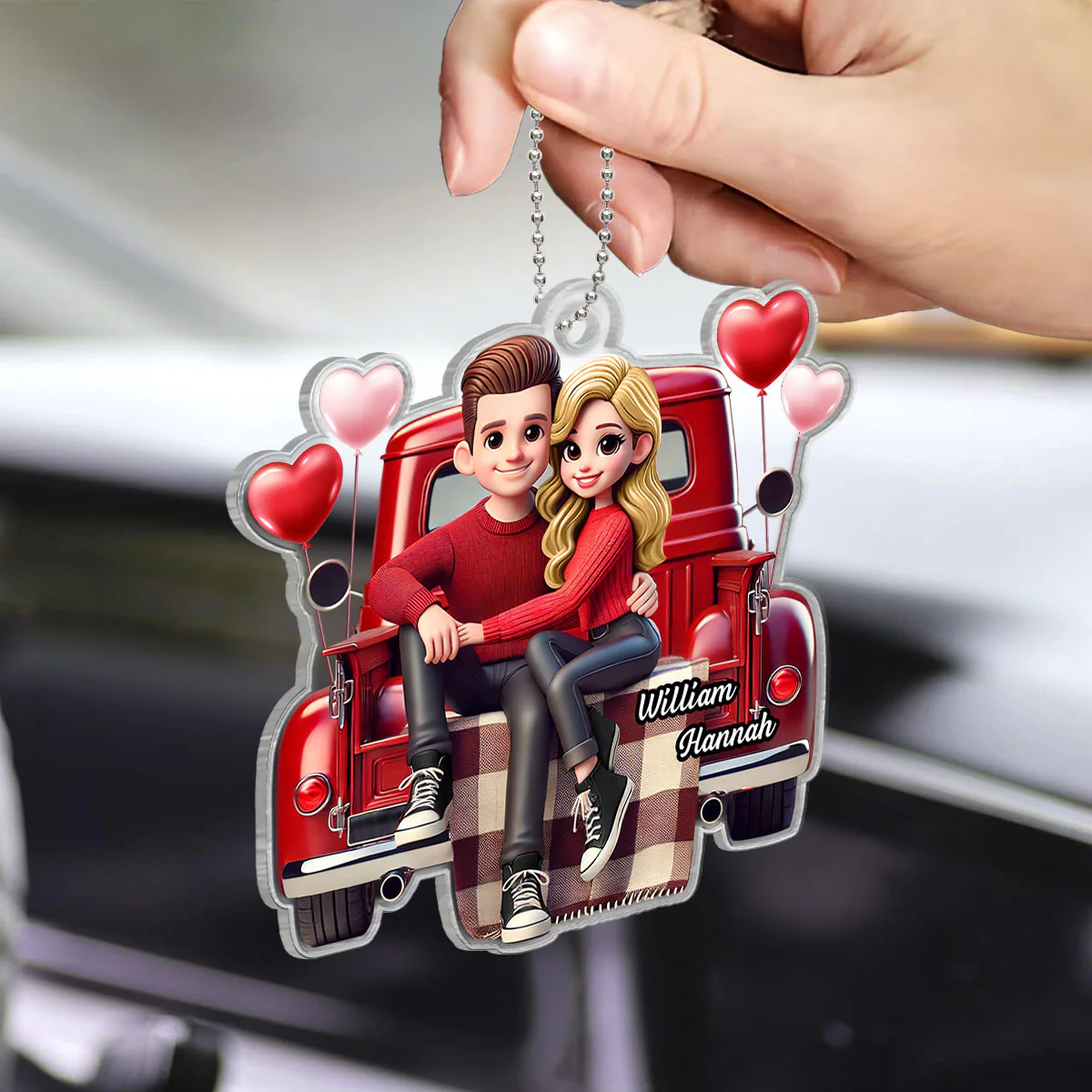 3D Effect Couple Sitting On Red Truck Personalized Acrylic Car Hanger,  Gift, Anniversary Gift For Couples - Image 5