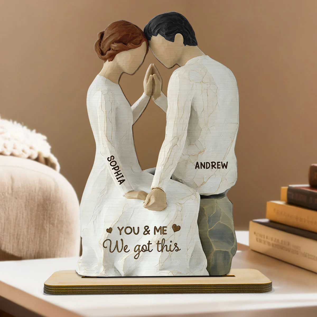 3D Effect Couple Sitting Side By Side - Personalized 2-Layered Wooden Plaque - Valentine's Day, Anniversary Gift For Him, Gift For Her