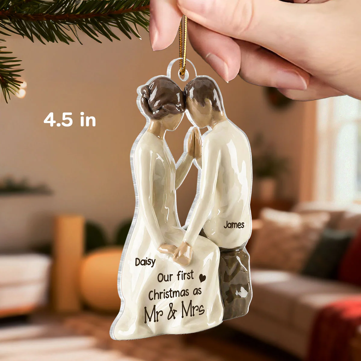 3D Effect Couple Sitting Side By Side - Personalized Acrylic Ornament - Newlyweds Couple Keepsake - Image 2
