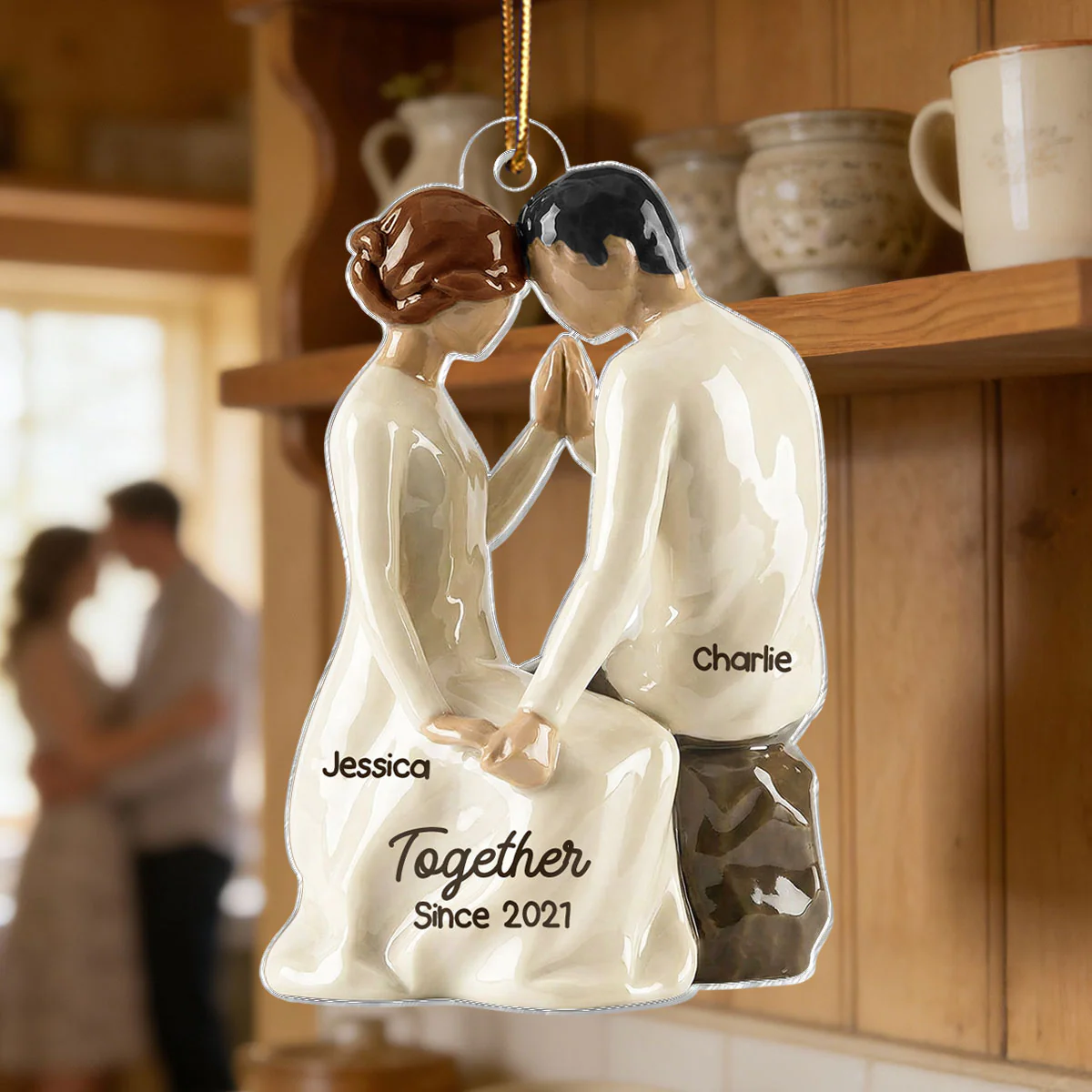 3D Effect Couple Sitting Side By Side - Personalized Acrylic Ornament - Newlyweds Couple Keepsake - Image 3