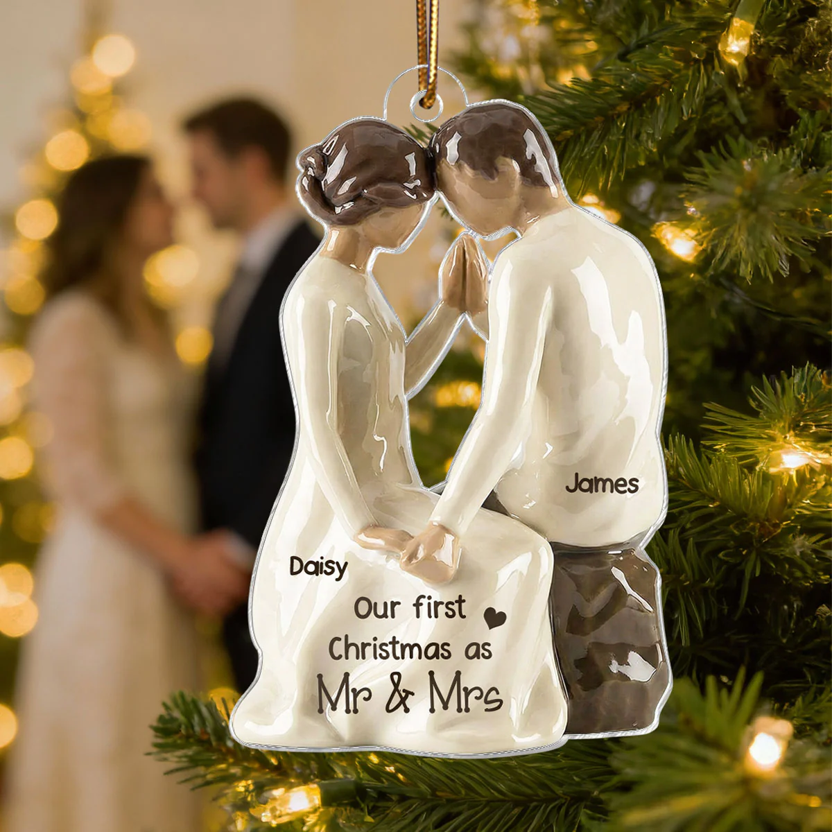 3D Effect Couple Sitting Side By Side - Personalized Acrylic Ornament - Newlyweds Couple Keepsake - Image 5