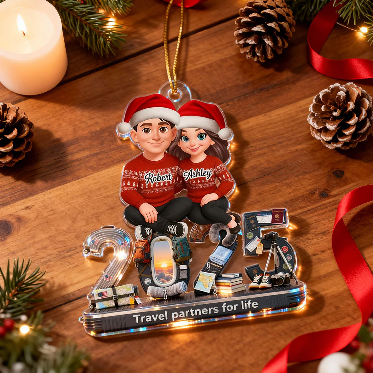 3D Effect Couple Travel Partners For Life Signature Symbols Christmas - Personalized Acrylic Ornament - Gift For Traveling Couple, Gift For Him, For Her - Image 11