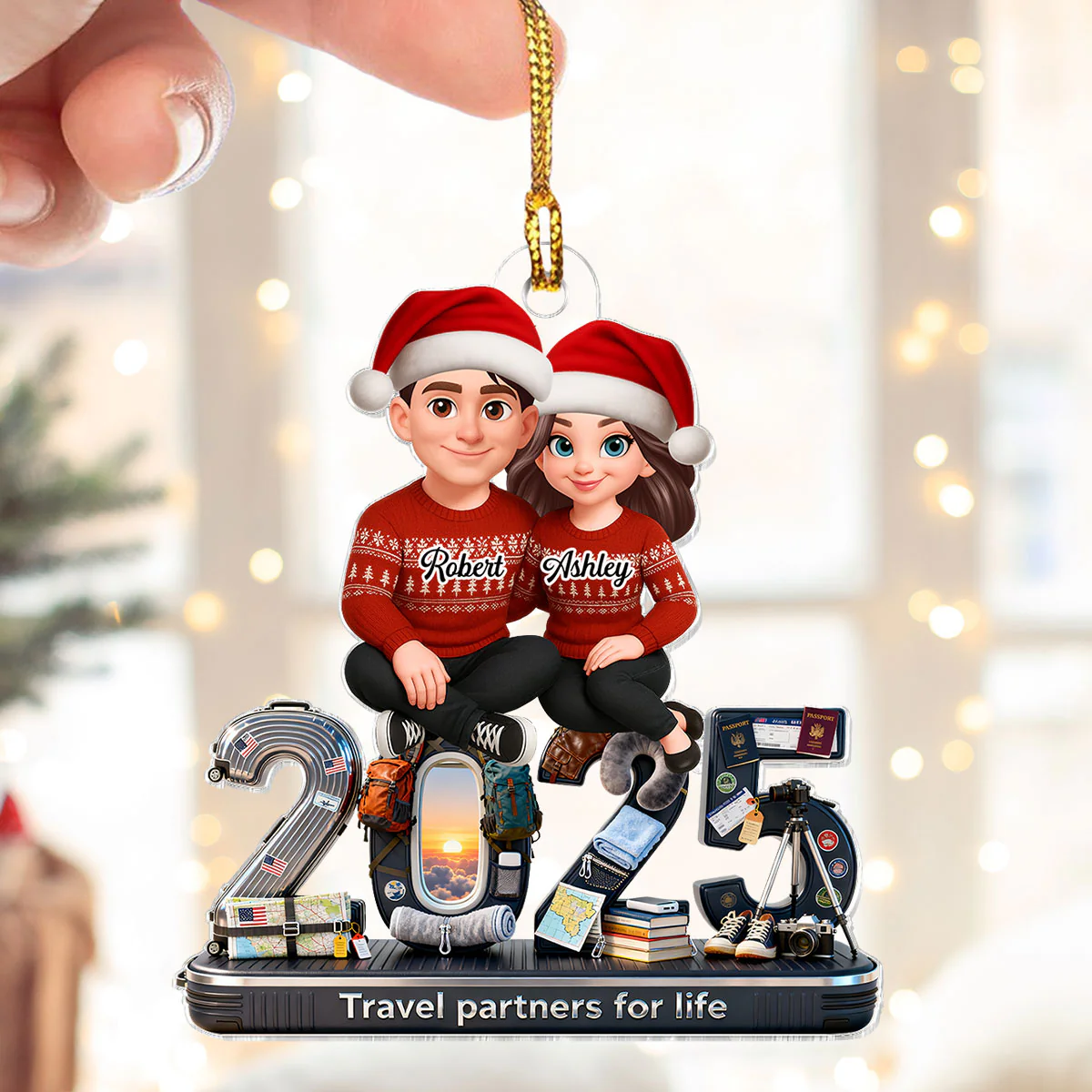 3D Effect Couple Travel Partners For Life Signature Symbols Christmas - Personalized Acrylic Ornament - Gift For Traveling Couple, Gift For Him, For Her - Image 4
