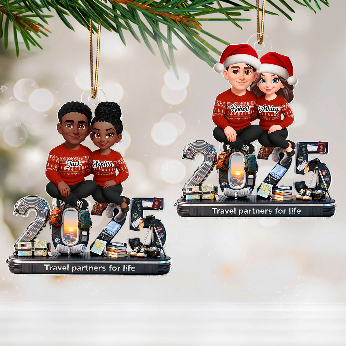 3D Effect Couple Travel Partners For Life Signature Symbols Christmas - Personalized Acrylic Ornament - Gift For Traveling Couple, Gift For Him, For Her - Image 6