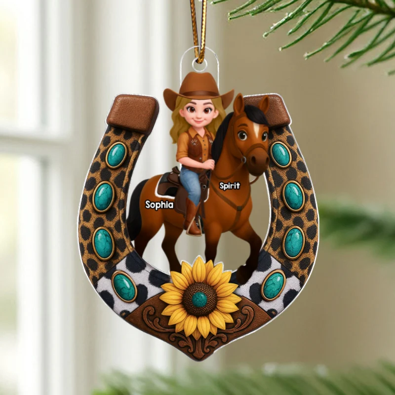 3D Effect Cowgirl And Her Horse Horseshoe - Personalized Acrylic Ornament - Christmas Gift - Image 11