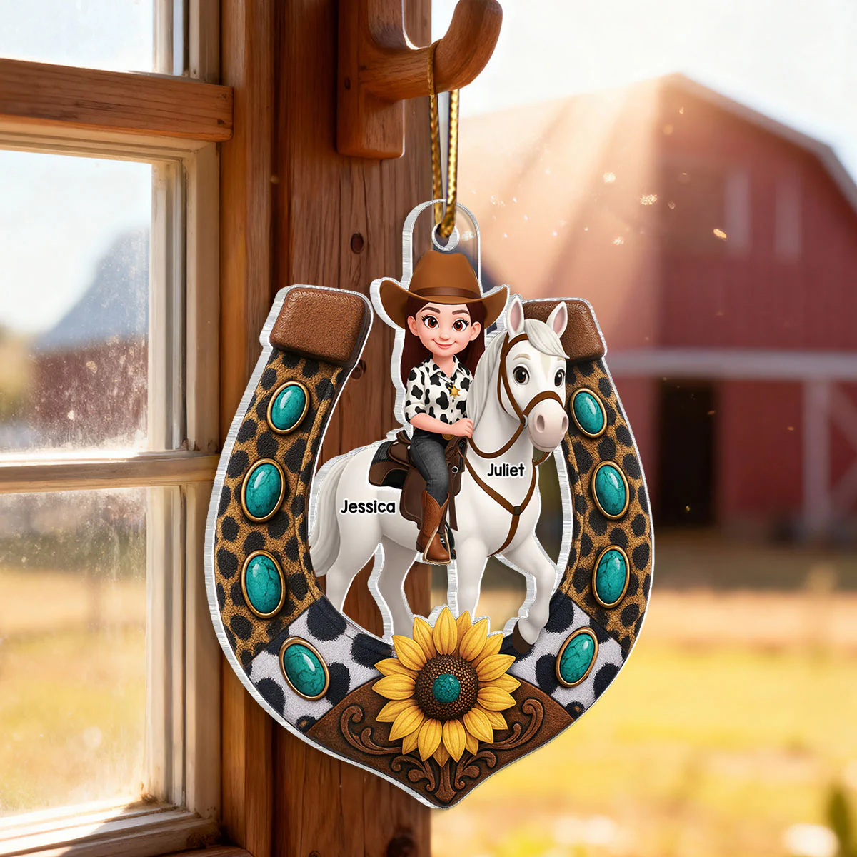 3D Effect Cowgirl And Her Horse Horseshoe - Personalized Acrylic Ornament - Christmas Gift - Image 7