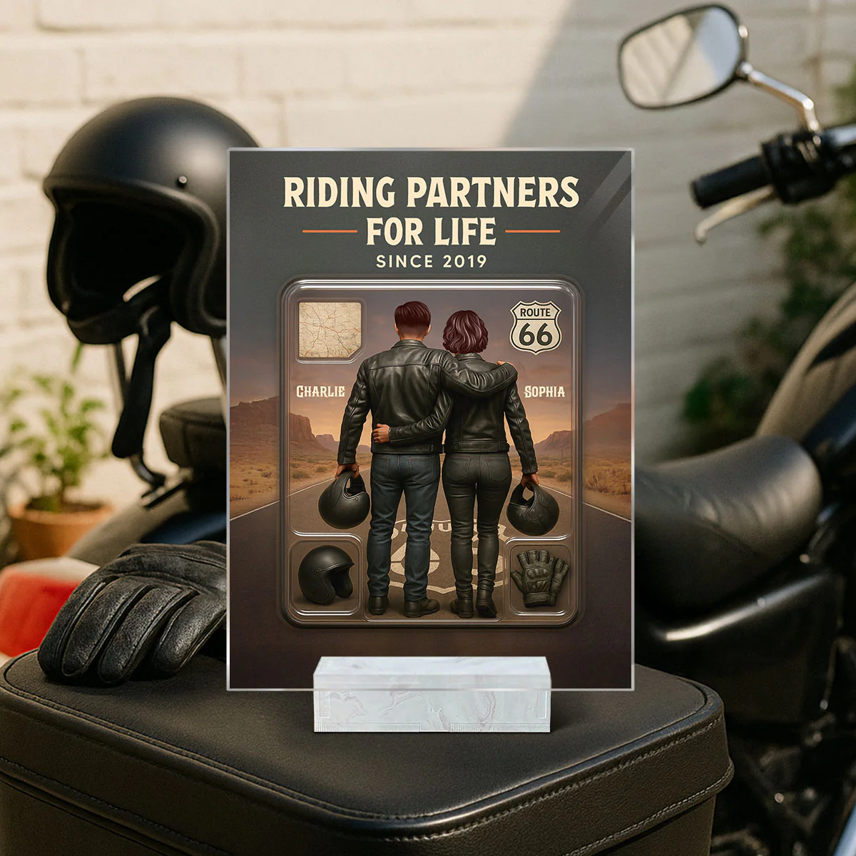 3D Effect Custom Figure Couple Bikers Riding Partners For Life Personalized Acrylic Plaque - Image 3