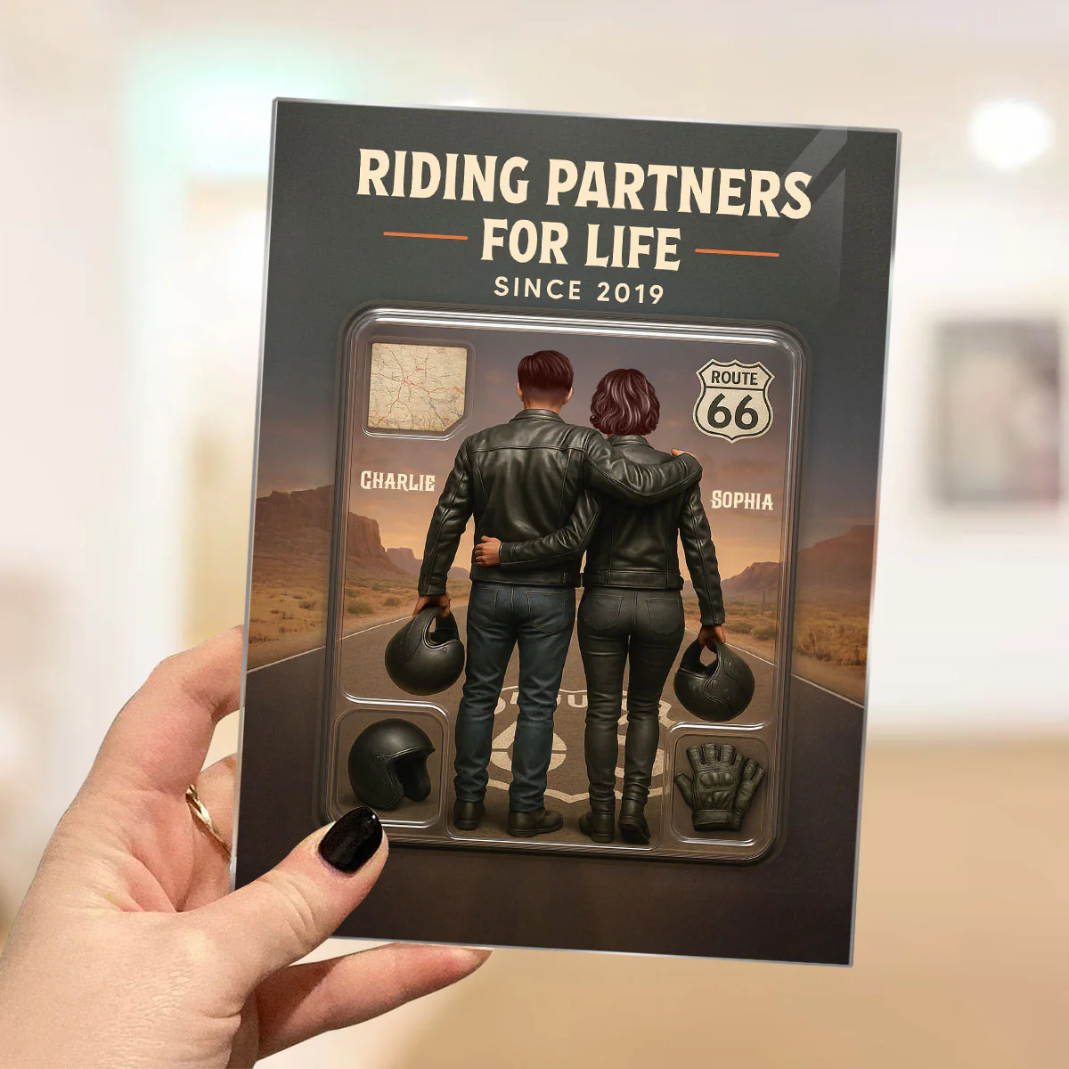 3D Effect Custom Figure Couple Bikers Riding Partners For Life Personalized Acrylic Plaque - Image 4