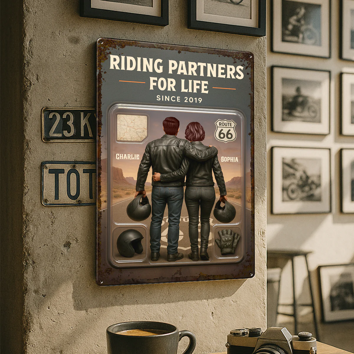 3D Effect Custom Figure Couple Bikers Riding Partners For Life Personalized Metal Sign - Image 4