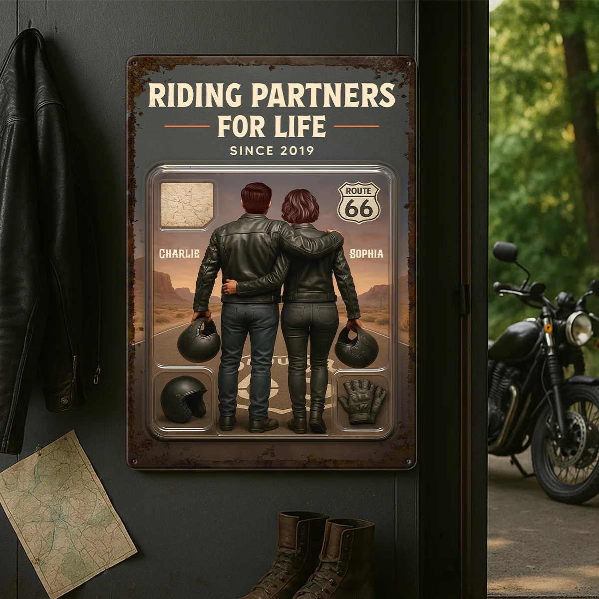 3D Effect Custom Figure Couple Bikers Riding Partners For Life Personalized Metal Sign - Image 6