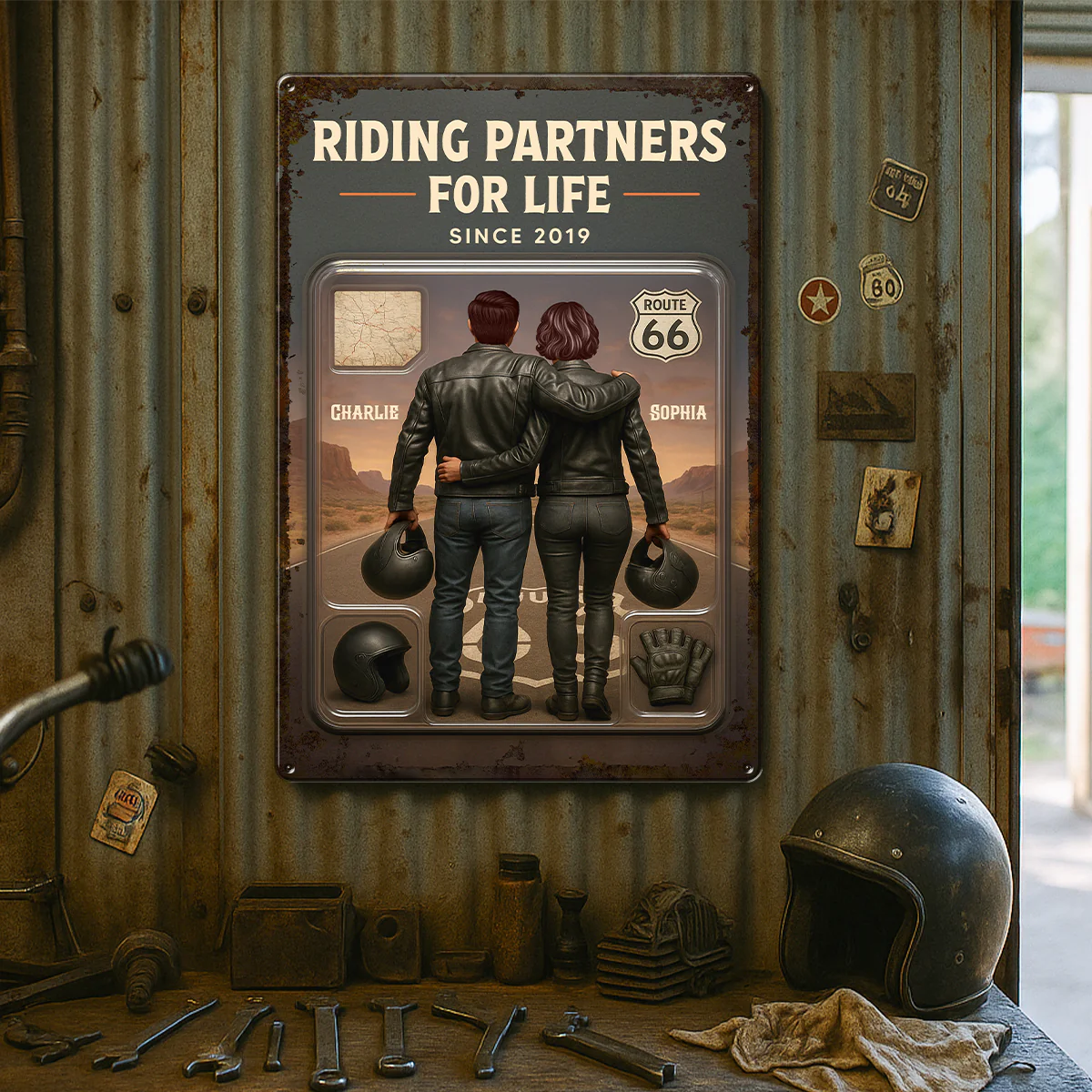 3D Effect Custom Figure Couple Bikers Riding Partners For Life Personalized Metal Sign - Image 8
