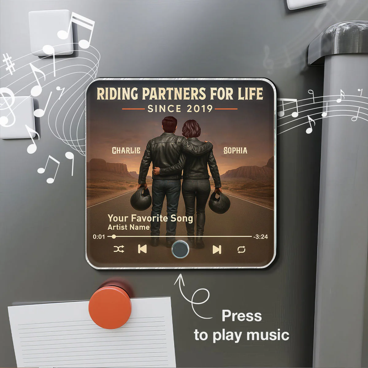 3D Effect Custom Figure Couple Bikers Riding Partners For Life Personalized Music Fridge Magnet - Image 5