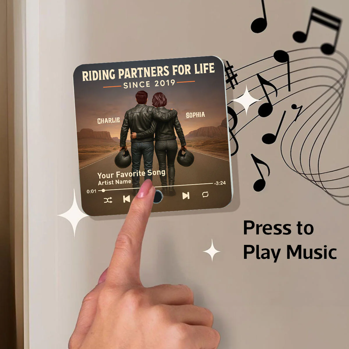 3D Effect Custom Figure Couple Bikers Riding Partners For Life Personalized Music Fridge Magnet - Image 8