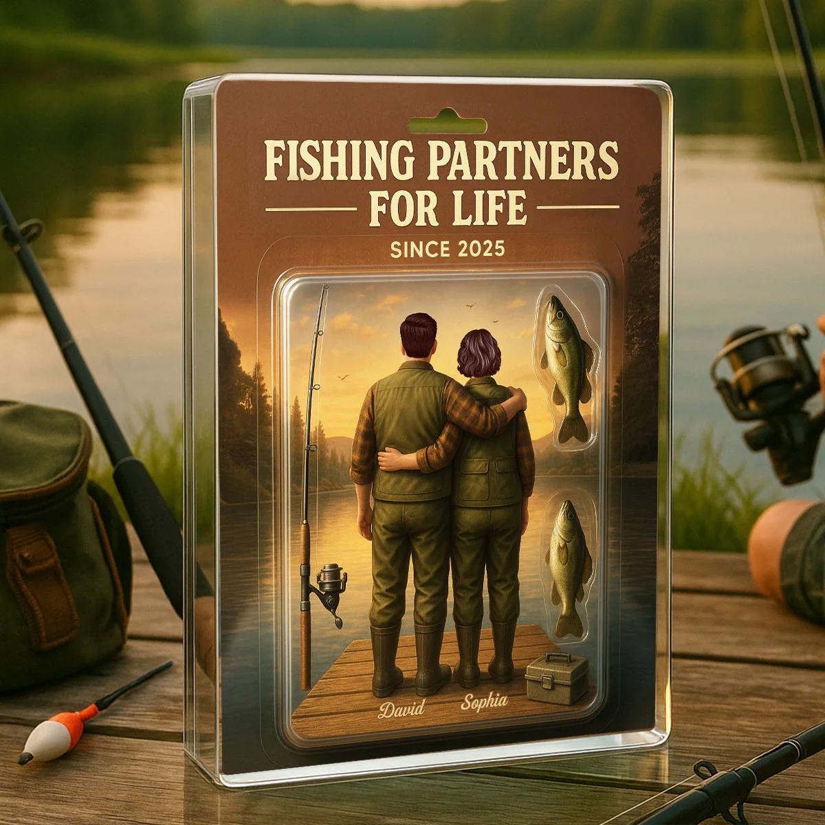 3D Effect Custom Figure Couple Together Fishing Partners For Life Personalized Rectangle Acrylic Block Plaque - Image 3