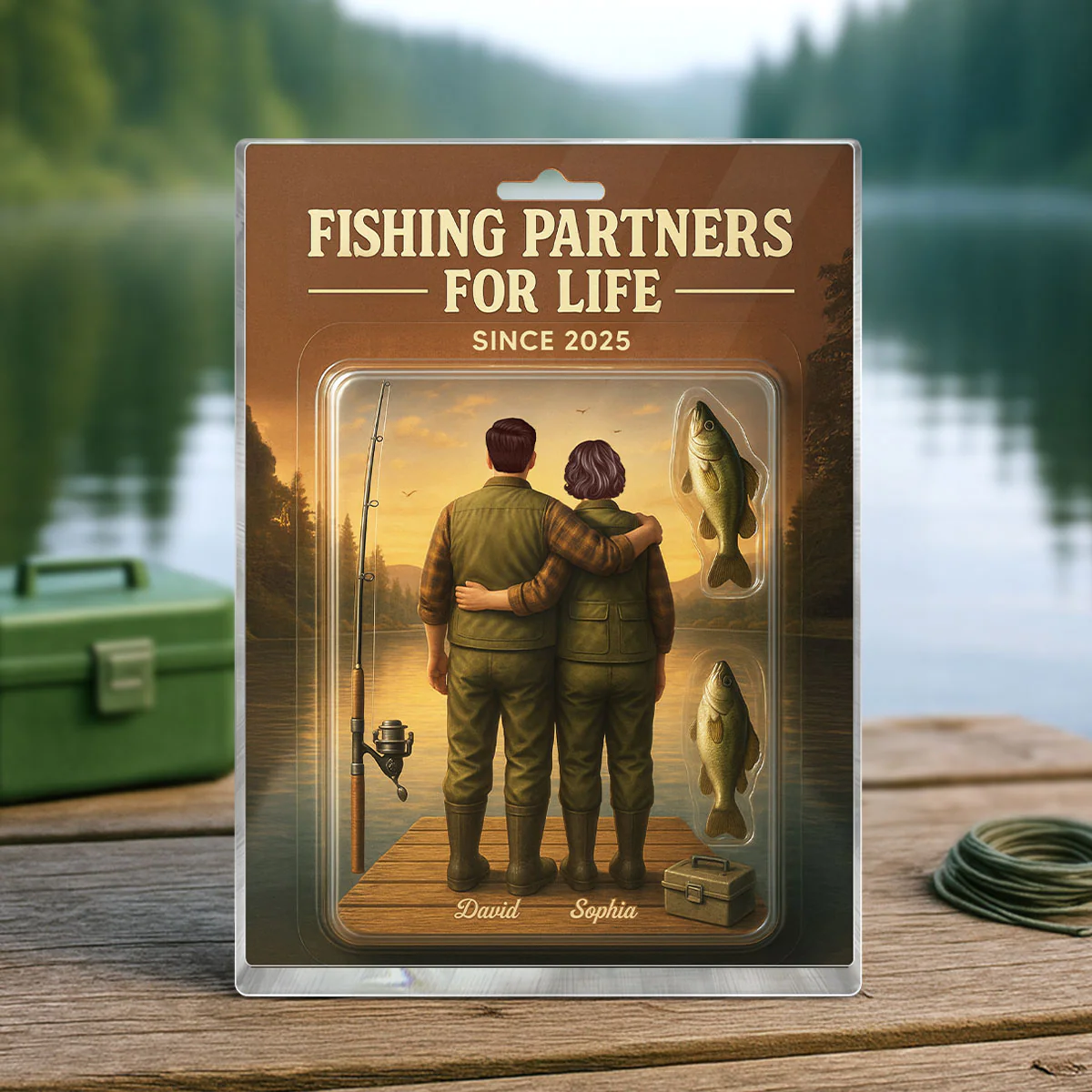 3D Effect Custom Figure Couple Together Fishing Partners For Life Personalized Rectangle Acrylic Block Plaque - Image 4