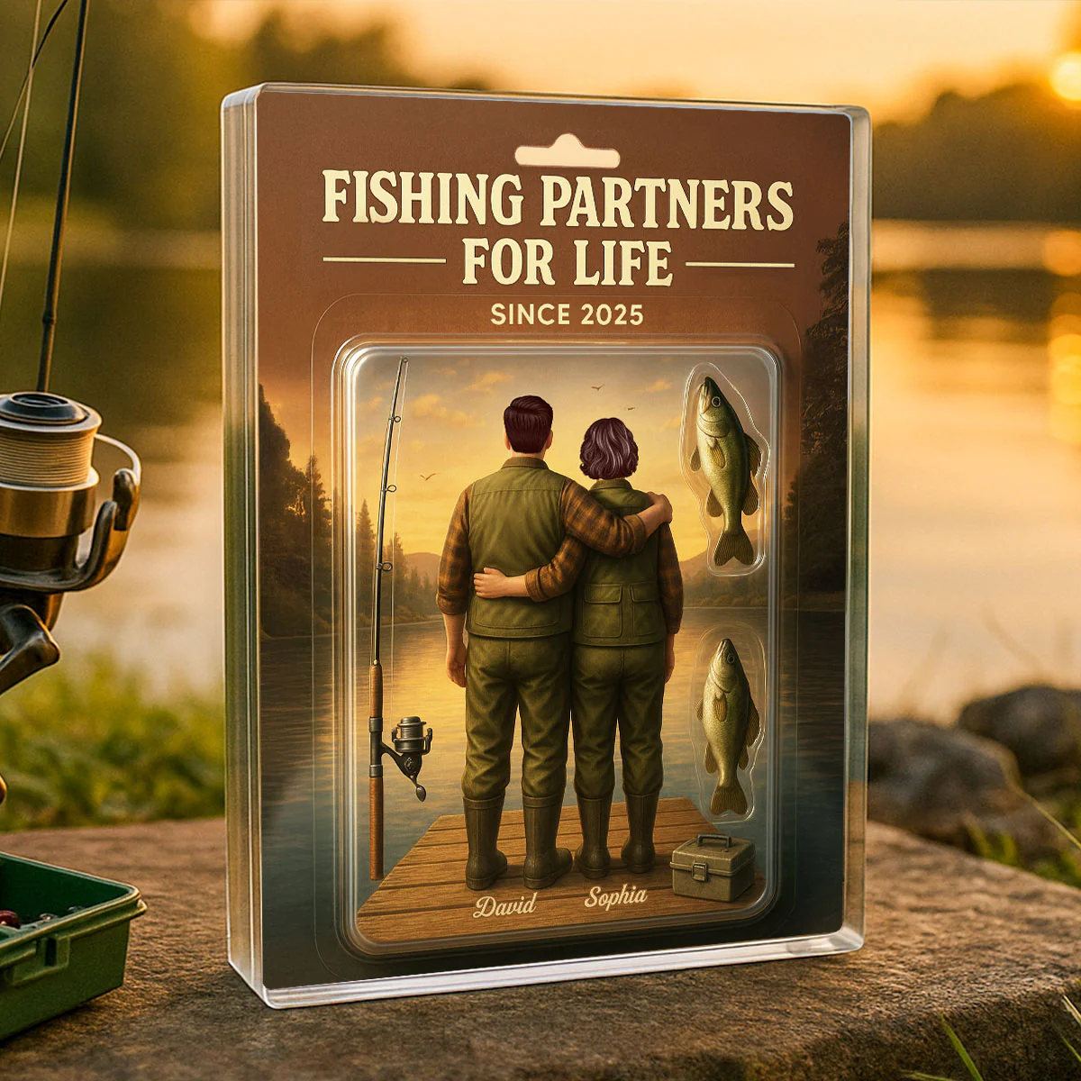 3D Effect Custom Figure Couple Together Fishing Partners For Life Personalized Rectangle Acrylic Block Plaque - Image 5