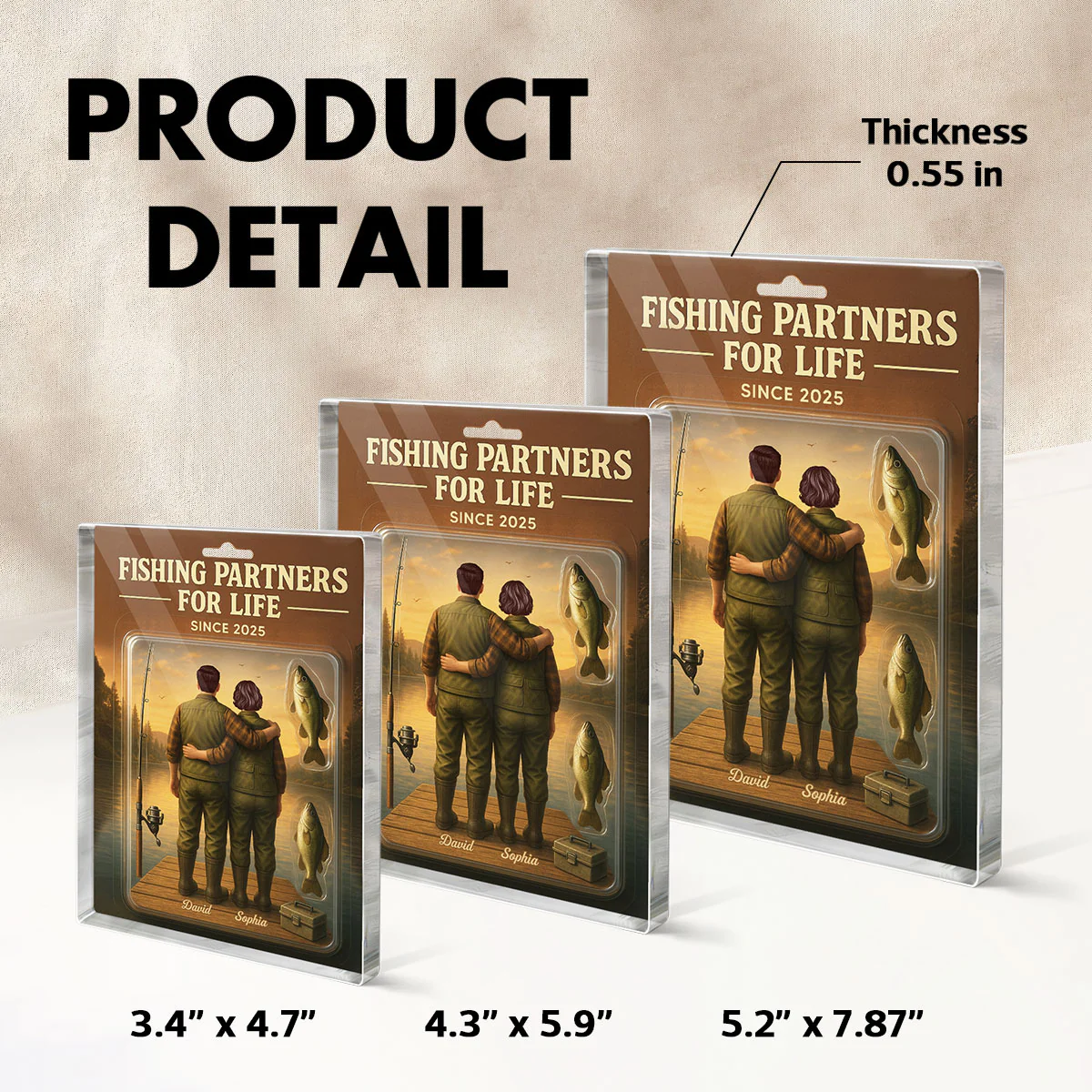 3D Effect Custom Figure Couple Together Fishing Partners For Life Personalized Rectangle Acrylic Block Plaque - Image 6