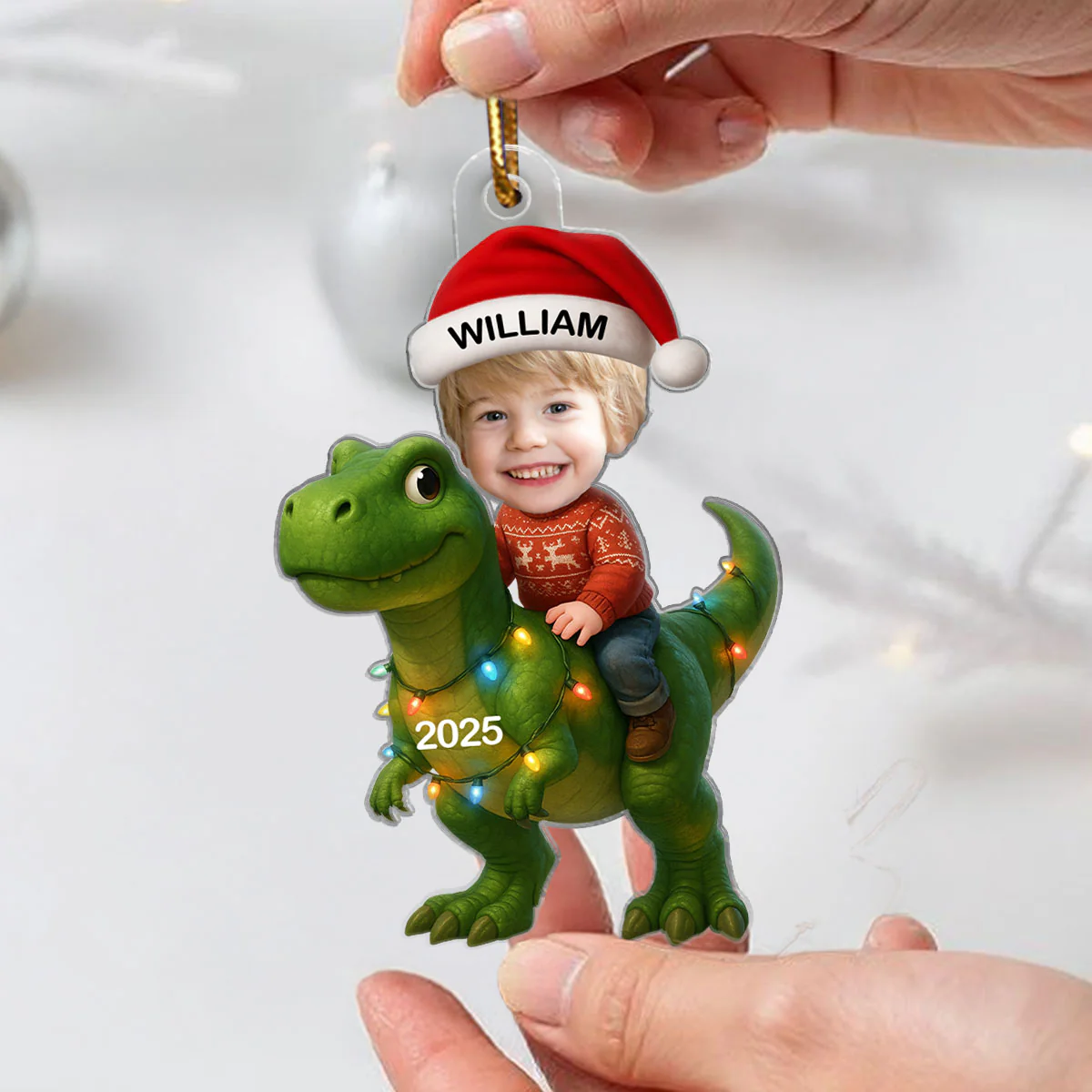 3D Effect Custom Kid Face With Dinosaur Christmas Personalized Acrylic Ornament - Image 2