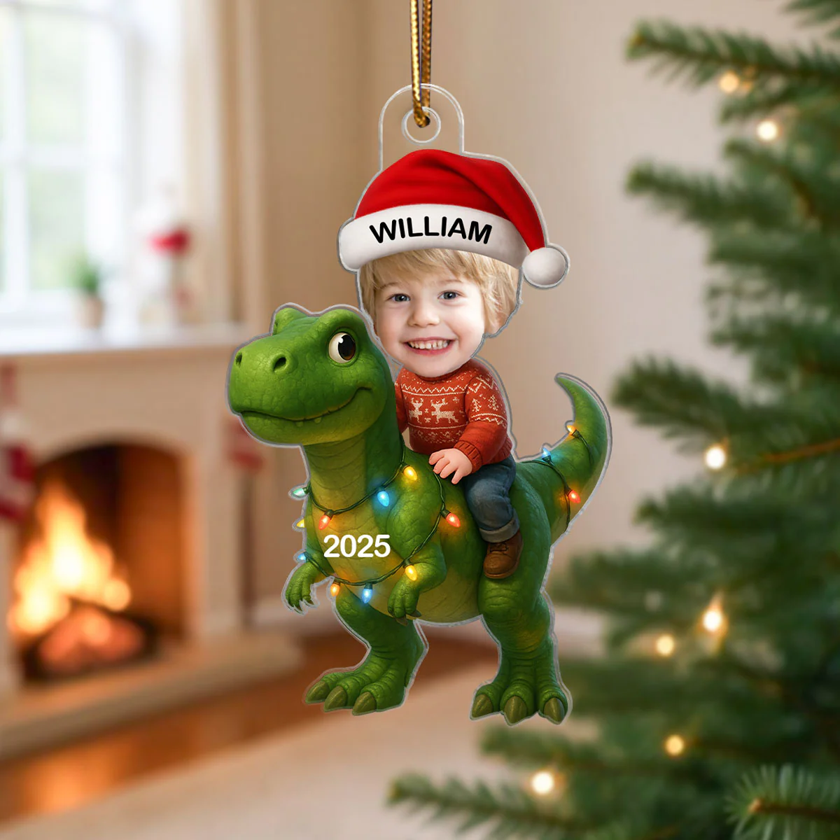 3D Effect Custom Kid Face With Dinosaur Christmas Personalized Acrylic Ornament - Image 3
