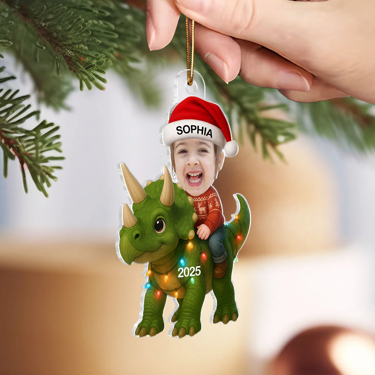 3D Effect Custom Kid Face With Dinosaur Christmas Personalized Acrylic Ornament - Image 5