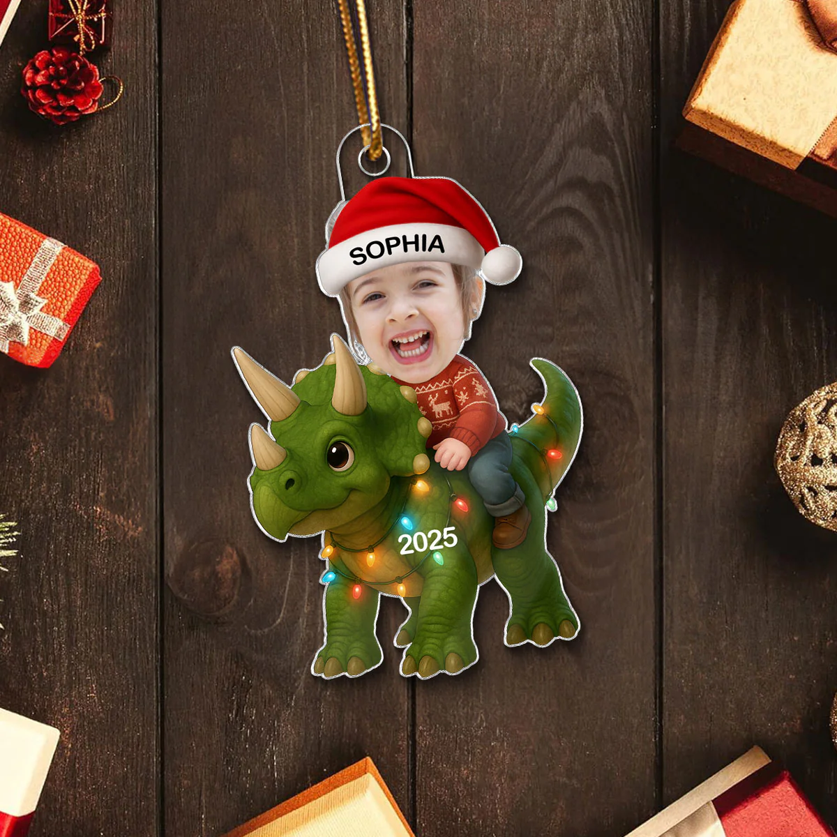3D Effect Custom Kid Face With Dinosaur Christmas Personalized Acrylic Ornament - Image 6