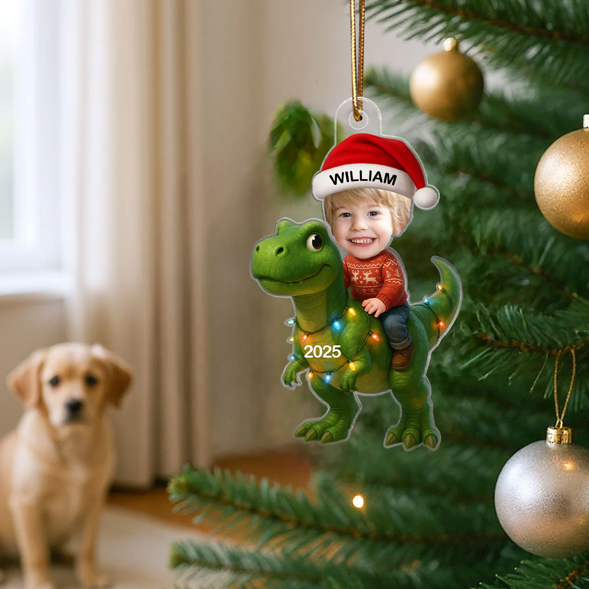 3D Effect Custom Kid Face With Dinosaur Christmas Personalized Acrylic Ornament - Image 7