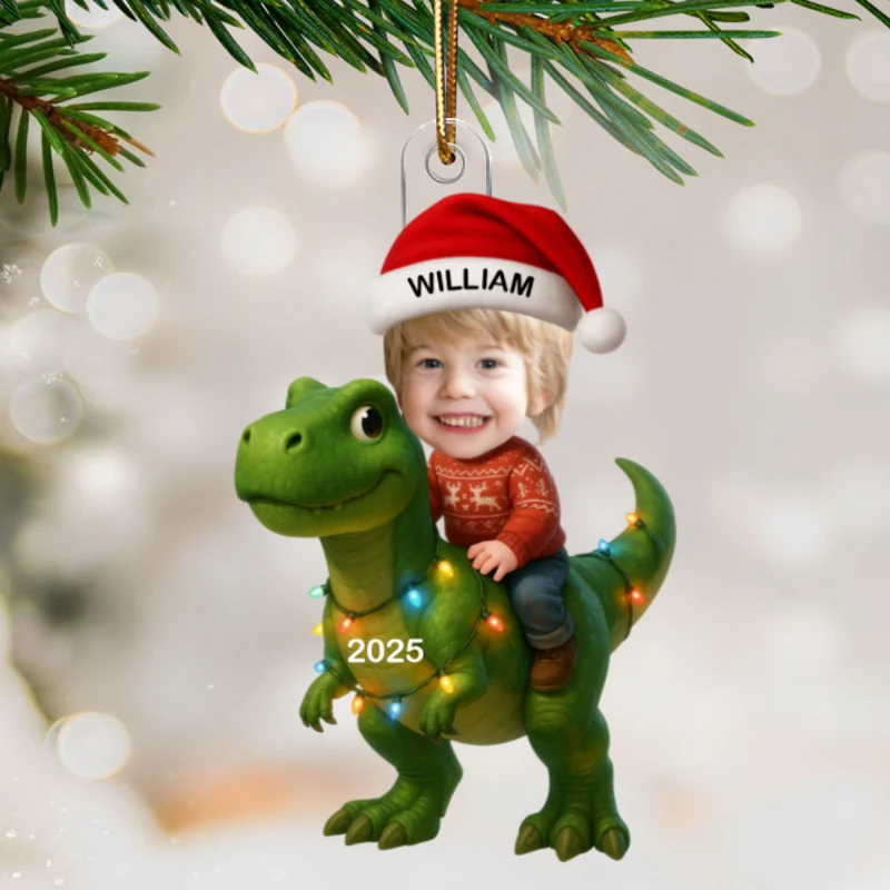 3D Effect Custom Kid Face With Dinosaur Christmas Personalized Acrylic Ornament - Image 9