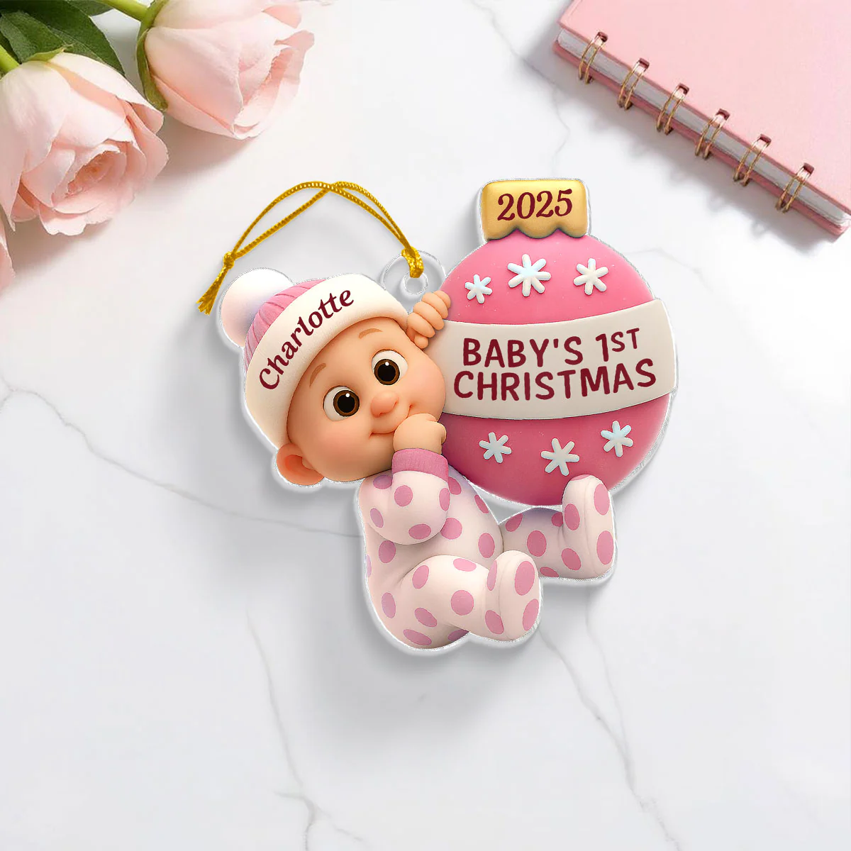 3D Effect Cute Cartoon Baby Beside Christmas Bauble Baby's 1st Christmas Personalized Acrylic Flat Ornament - Image 11