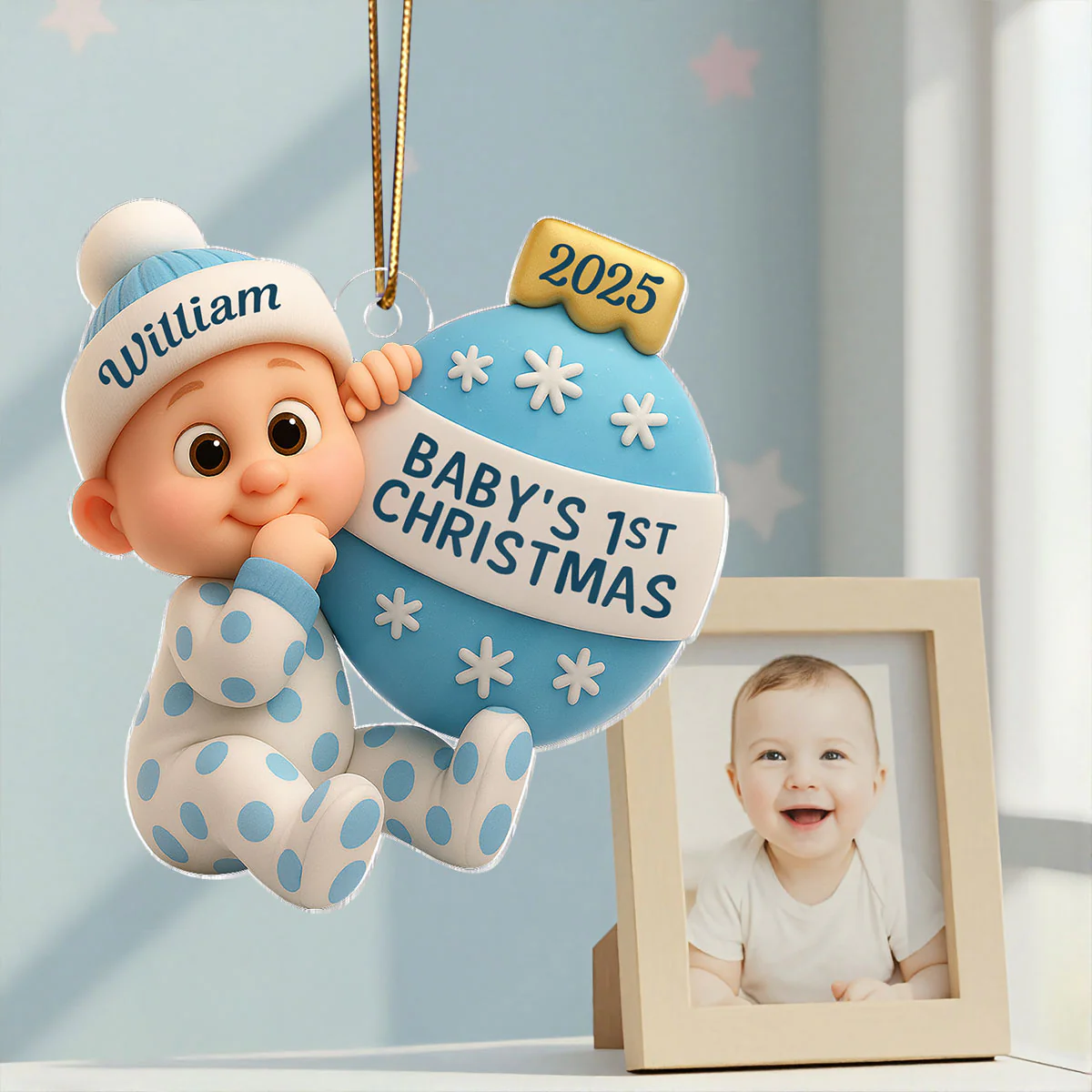 3D Effect Cute Cartoon Baby Beside Christmas Bauble Baby's 1st Christmas Personalized Acrylic Flat Ornament - Image 12