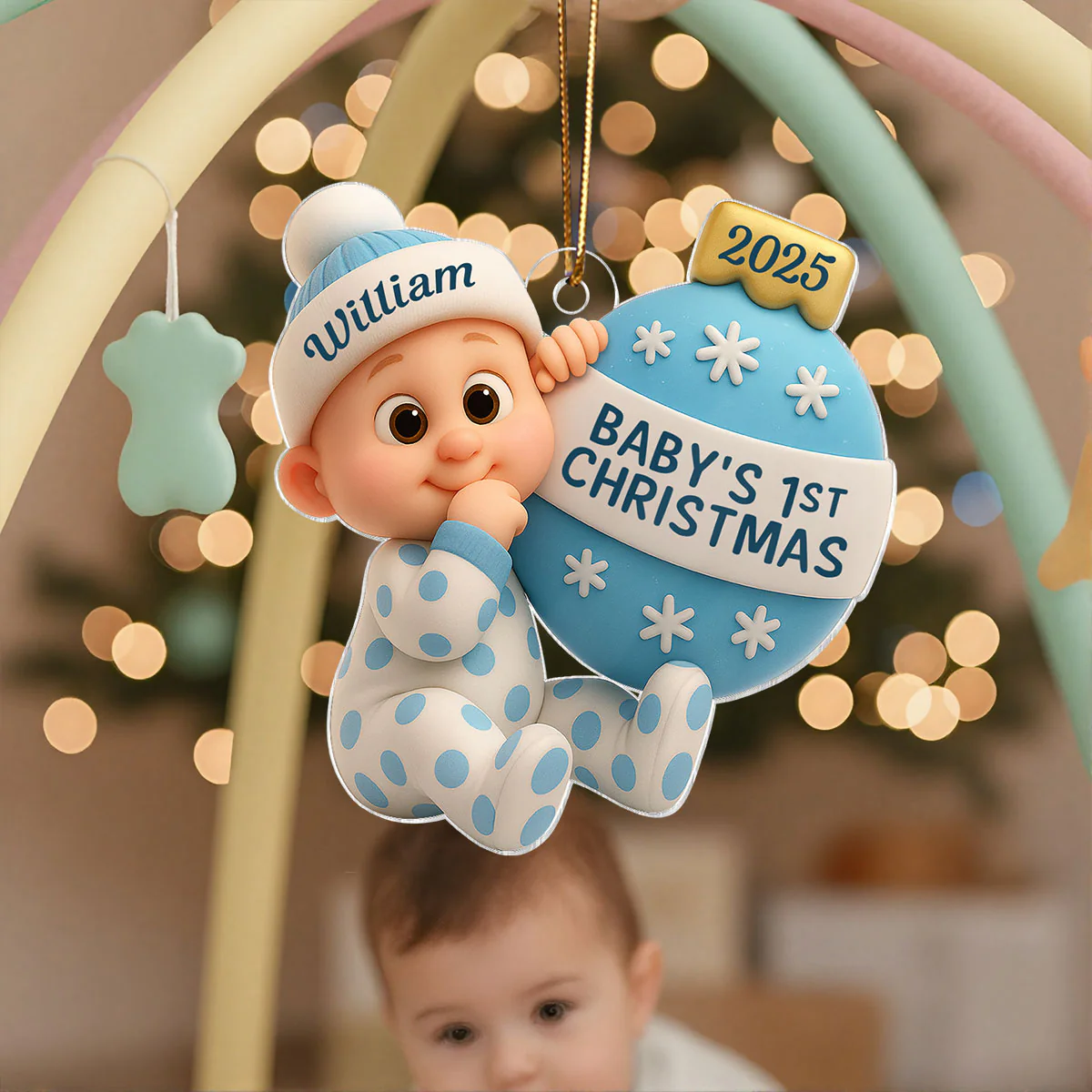 3D Effect Cute Cartoon Baby Beside Christmas Bauble Baby's 1st Christmas Personalized Acrylic Flat Ornament - Image 13
