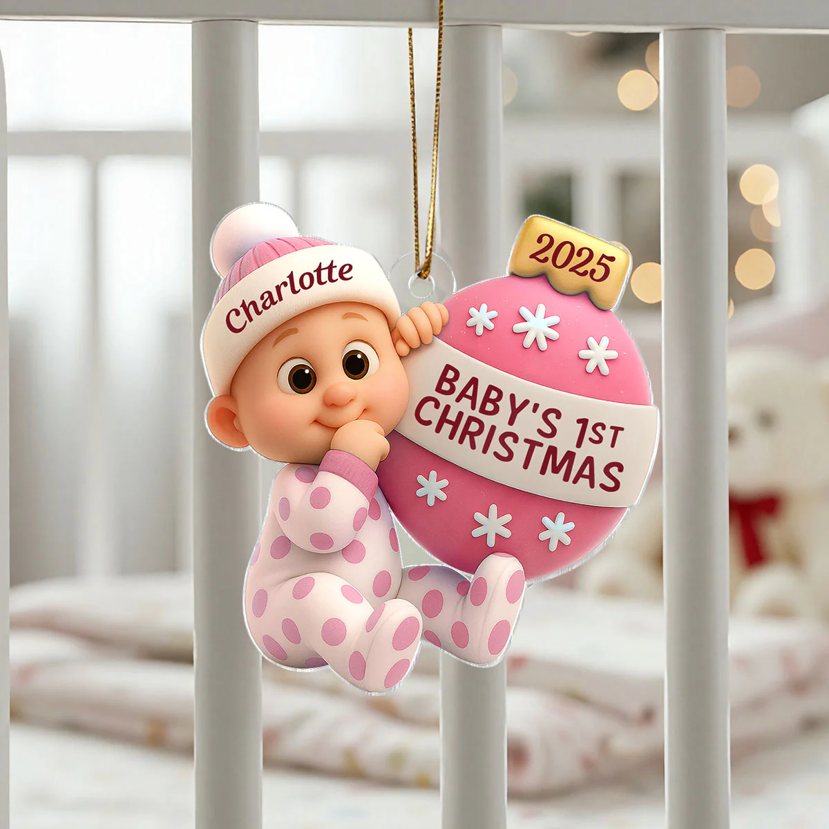 3D Effect Cute Cartoon Baby Beside Christmas Bauble Baby's 1st Christmas Personalized Acrylic Flat Ornament - Image 14