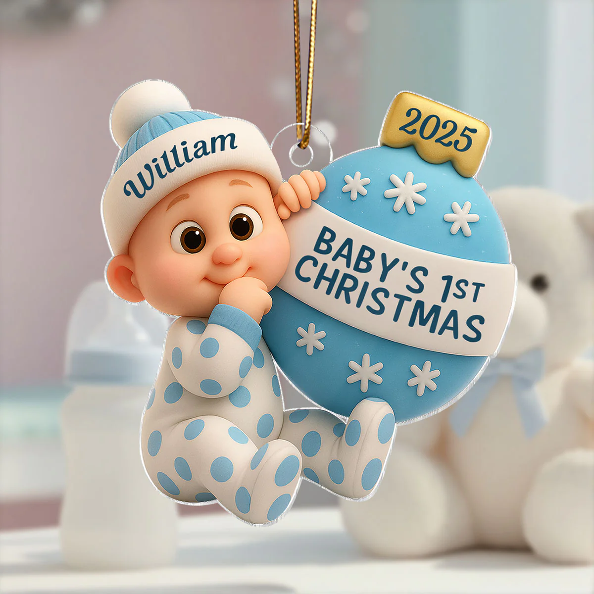 3D Effect Cute Cartoon Baby Beside Christmas Bauble Baby's 1st Christmas Personalized Acrylic Flat Ornament - Image 15