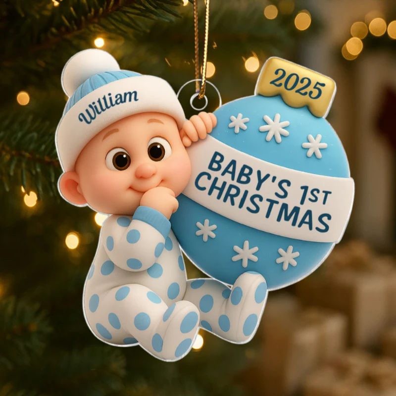 3D Effect Cute Cartoon Baby Beside Christmas Bauble Baby's 1st Christmas Personalized Acrylic Flat Ornament - Image 16
