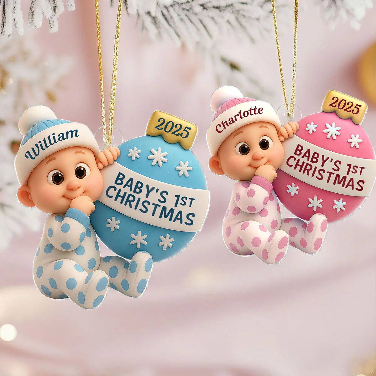 3D Effect Cute Cartoon Baby Beside Christmas Bauble Baby's 1st Christmas Personalized Acrylic Flat Ornament - Image 2