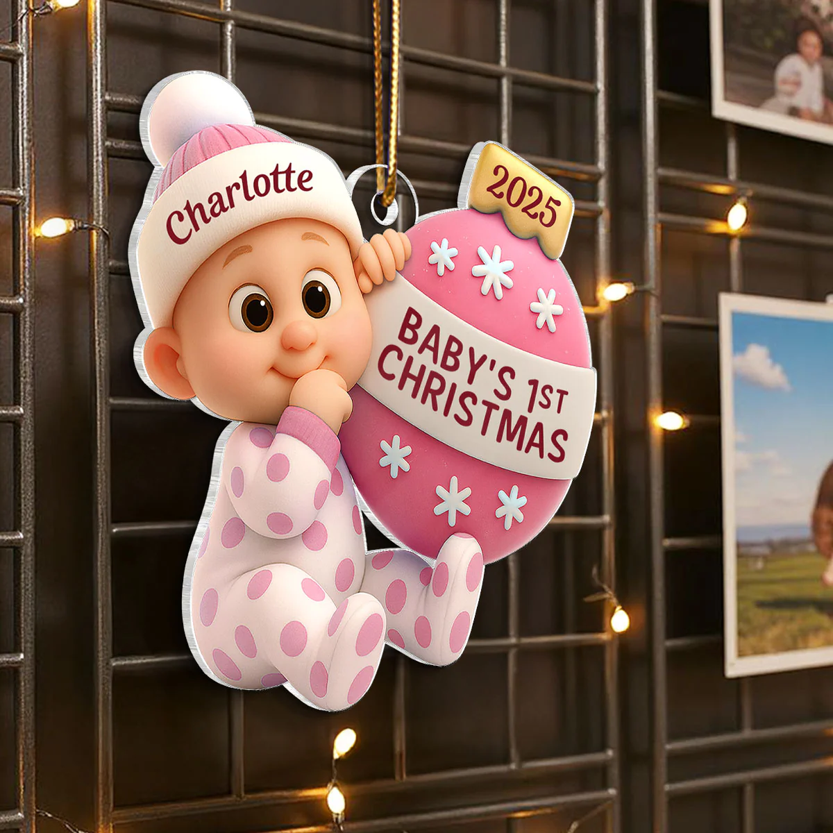 3D Effect Cute Cartoon Baby Beside Christmas Bauble Baby's 1st Christmas Personalized Acrylic Flat Ornament - Image 3